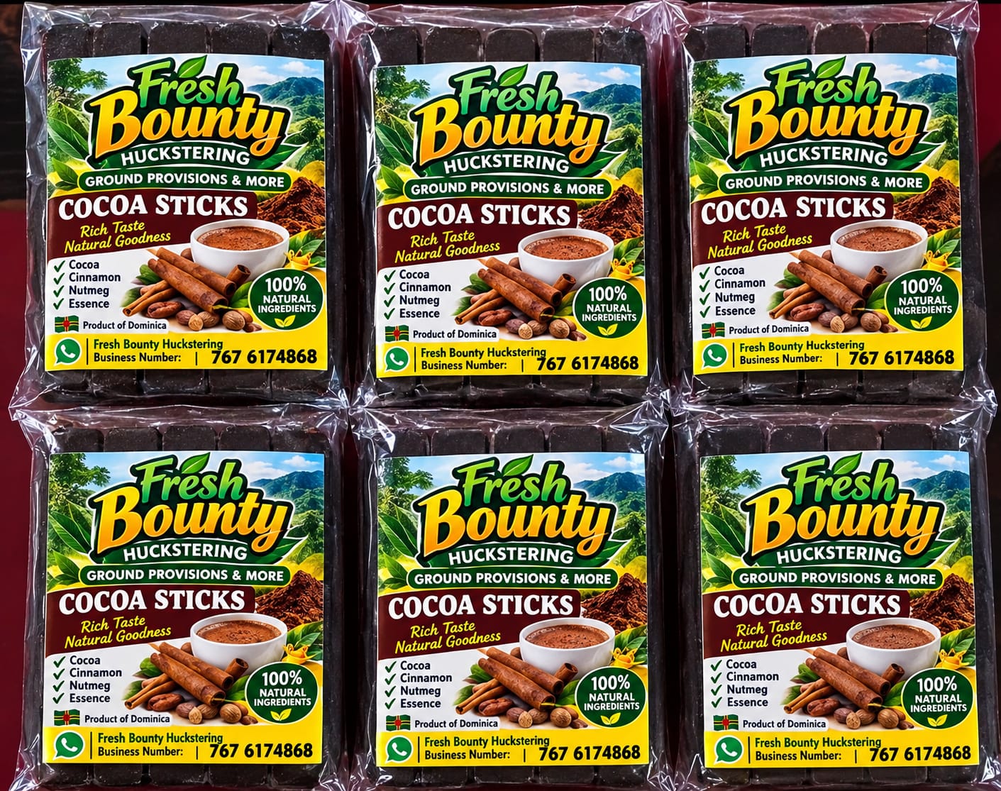 Packs of Fresh Bounty Cocoa Sticks, a product of Dominica