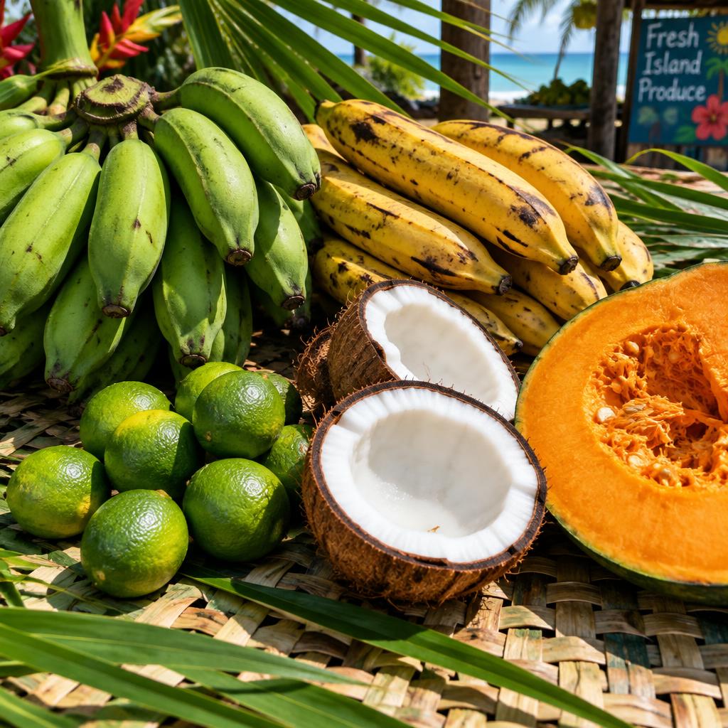 Green figs, plantains, limes and a cut coconut