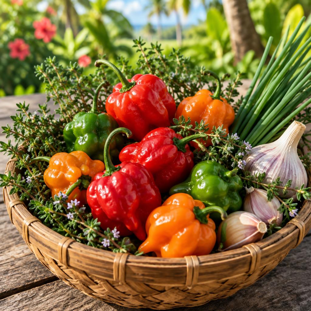Basket of red, orange and green seasoning peppers with thyme